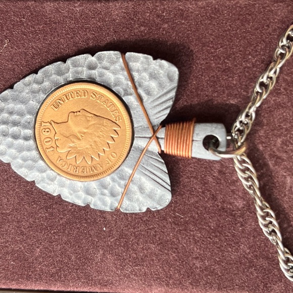 Vintage Ronte Of Hollywood 1901 Indian Head Penny Arrow Head Pendant Necklace - Picture 4 of 5